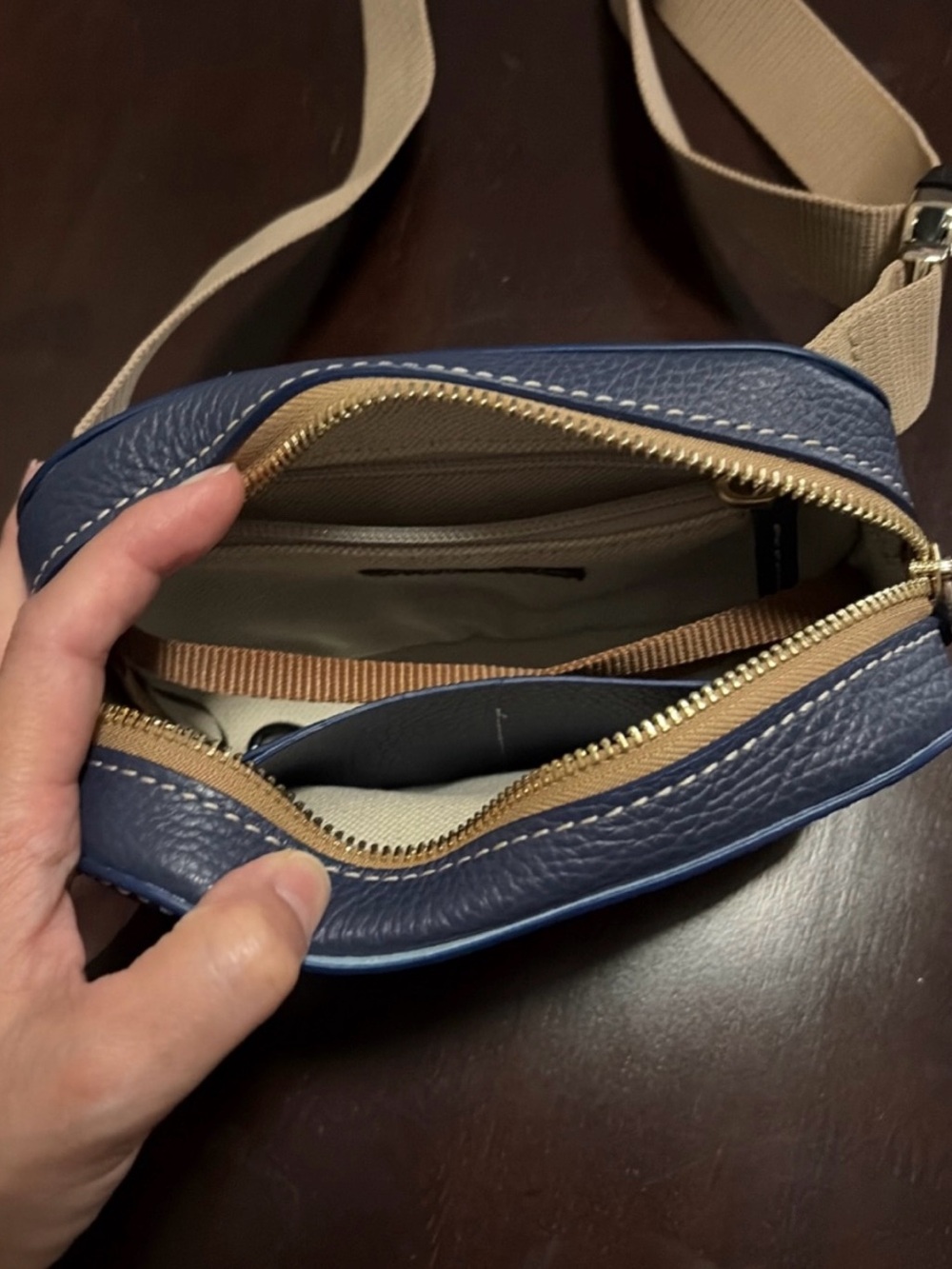 Dooney & Bourke Navy Pebbled Leather Belt Bag with Tan Strap - Picture 2 of 4
